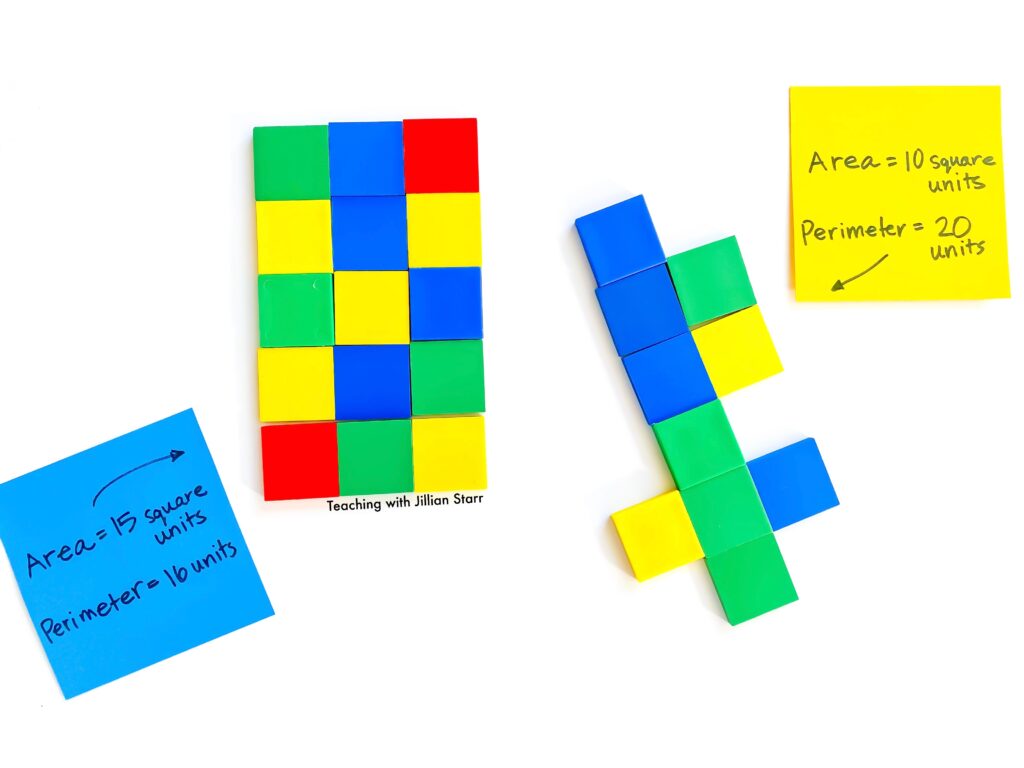 square color tiles are configured into arrays and other shapes with their area and perimeter marked on post-it notes. They are the perfect manipulative for introducing area and perimeter.