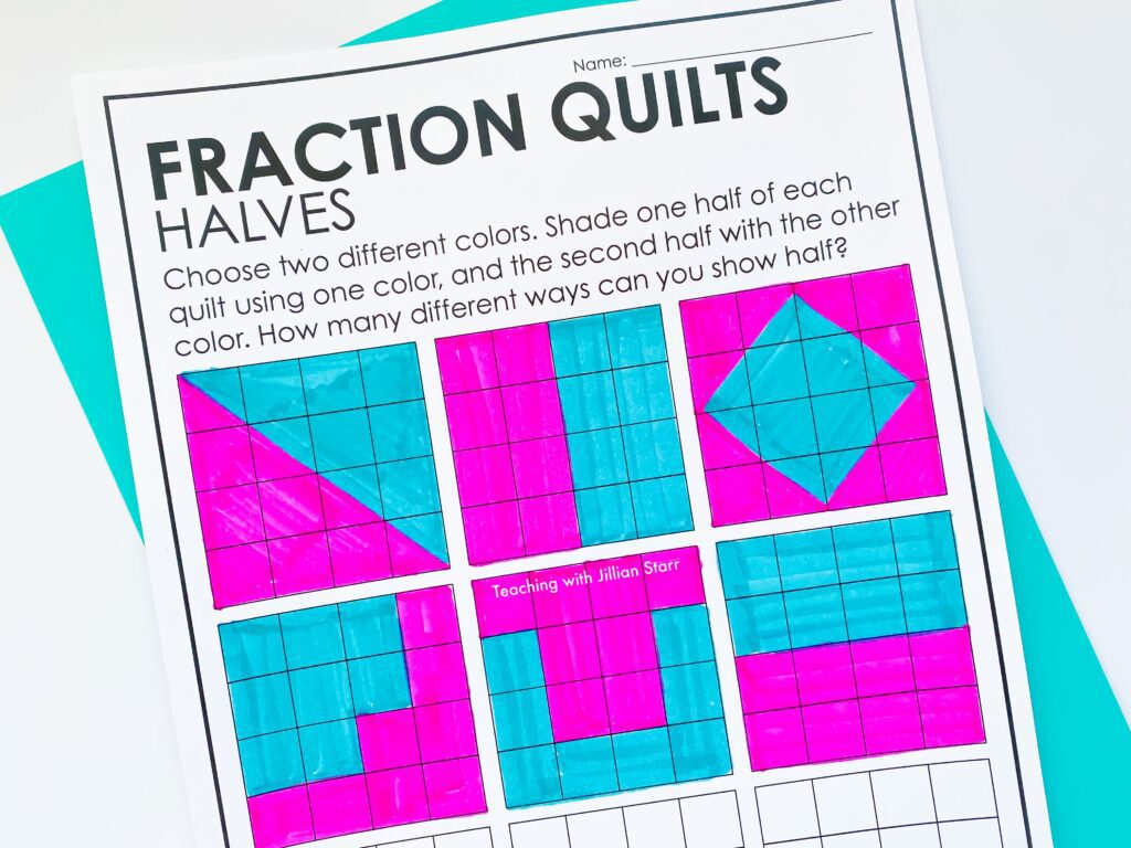 Fraction quilts math center and activity to celebrate halfway day