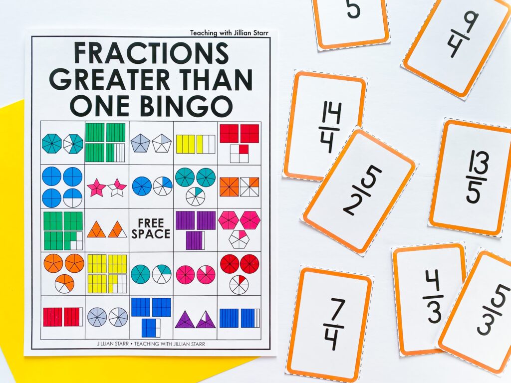 improper fraction bingo is a great activity for whole group or small group. Simply flip the improper fraction card and find the corresponding visual representation on your board. First to have five-in-a-row wins!