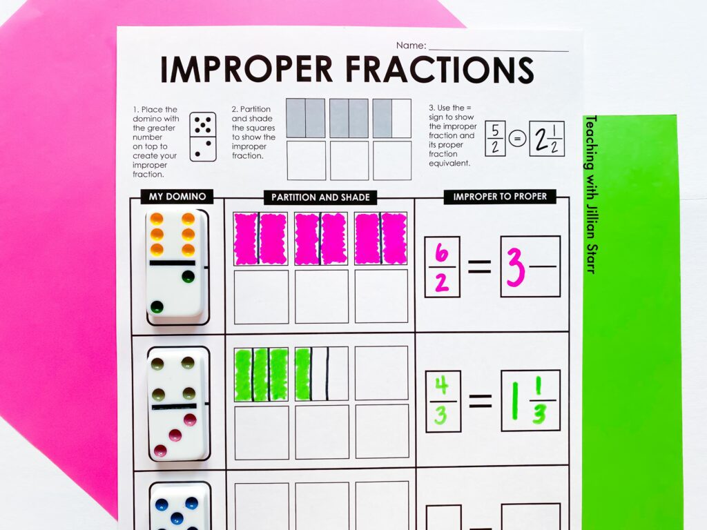 Improper fractions with dominoes.  Dominoes, when flipped vertically, can create improper fractions. Students then partition and shade squares to see how to create a mixed number.