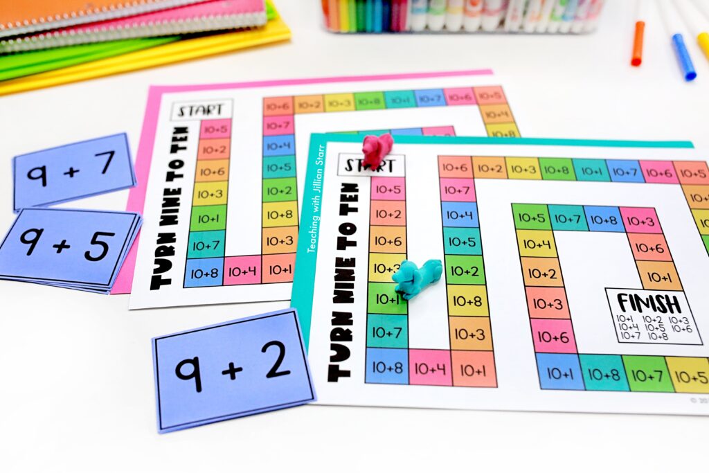 Making Ten to Add Center Activity called Turning Nine to Ten. This is a board game with cards that help students understanding creating bridges to ten.