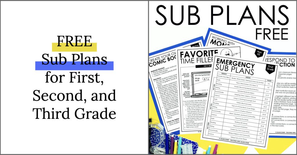 Free Sub Plans for First, Second and Third Grade. 3 Days of detailed lesson plans and templates ready-to-go. No-prep, just print/email and done!
