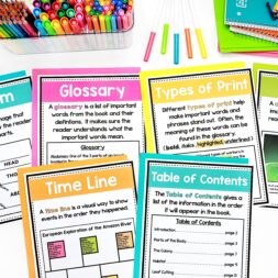 nonfiction text feature posters laid out on a desk.