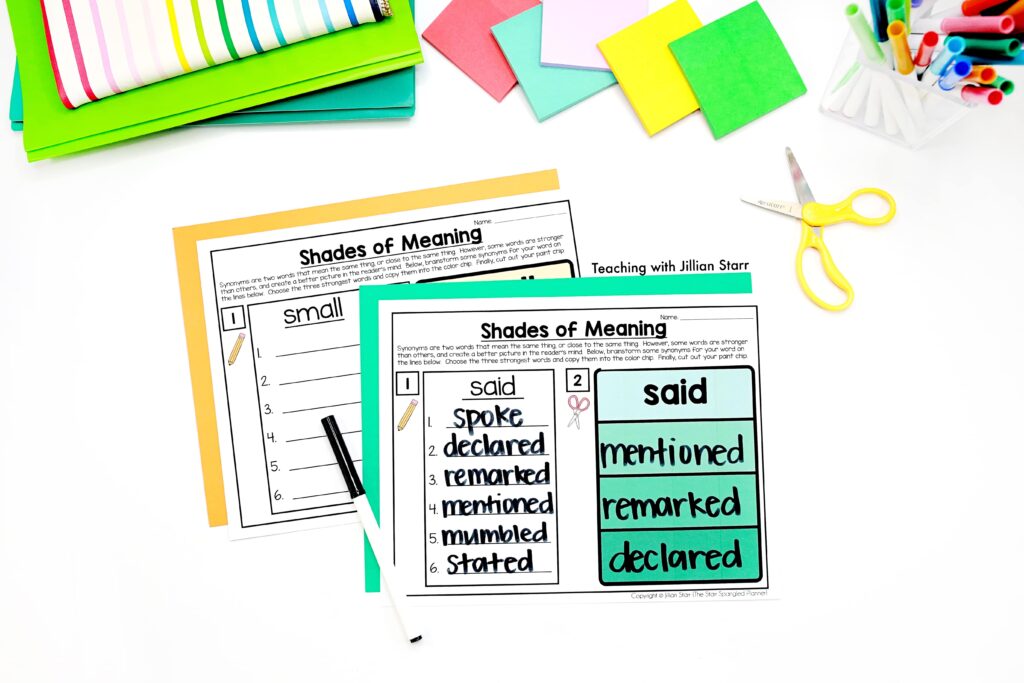 This is a student version of shades of meaning, where students can brainstorm synonyms on the left side and then arrange them by word strength on the right side on the paint swatch.
