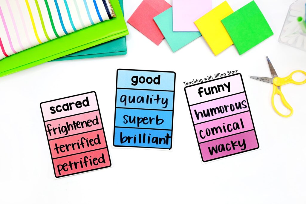 Three shades of meaning paint swatches filled out: Scared, Good, and Funny are written at the top and their stronger synonyms are written underneath.