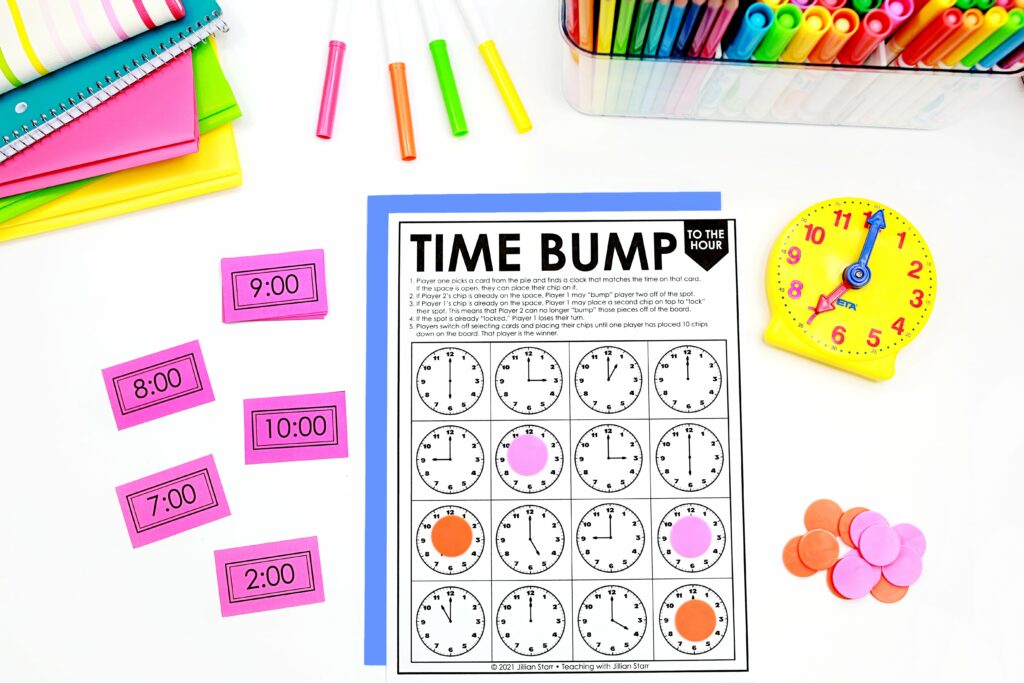 Telling time to the hour game called Bump with game chips and cards ready! Also included is a clock to help students with a visual for telling time to the hour.