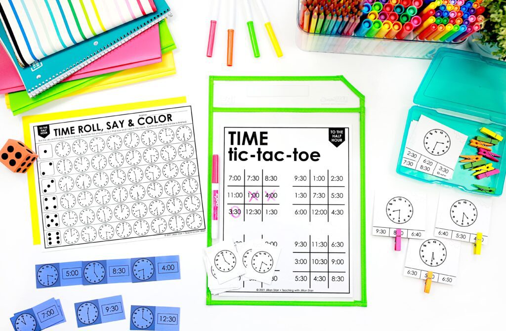 How to reinforce time to the half hour during centers: shows Half Hour Tic-Tac-Toe, Time to the Half Hour Clip Cards with clock faces, and Half Hour Roll, Color Say.