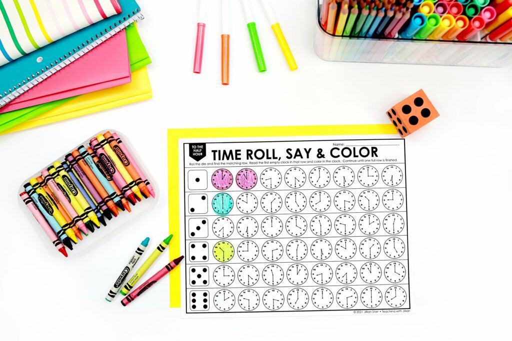 telling time to the half hour roll, say & color. This game is a favorite because it shows the clock faces with different times to the half hour, and students can color in the clocks as they go!