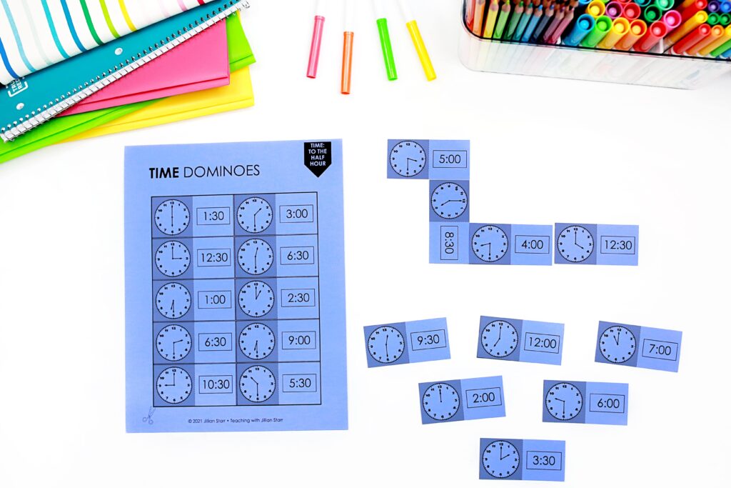 Time to the half hour dominoes are a favorite for helping students match time to the half hour on digital and analog clocks.