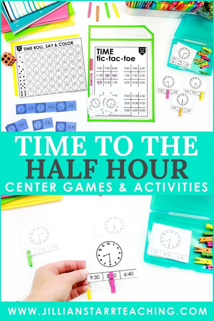 Looking for engaging games and activities for teaching time to the half hour? You can stop your scroll! These telling time to the half hour center activities are PERFECT for your first grade students to practice reading analog and digital clocks. Easy to prep printables that are so fun your students won't even realize they're learning? YES PLEASE! 