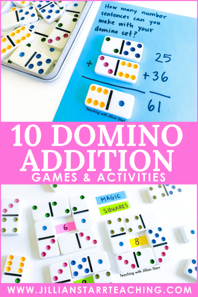 Domino addition pin showing multiple domino addition games and activities from the post.