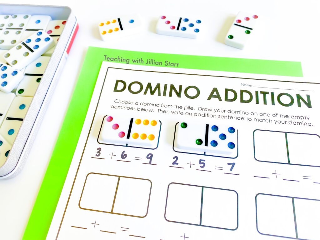 Domino addition activity with printable template and worksheet.