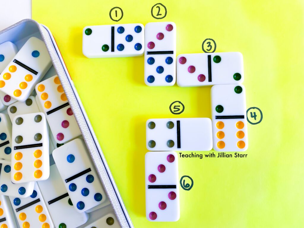 Domino Addition activity where students use dominoes to make sums to ten.