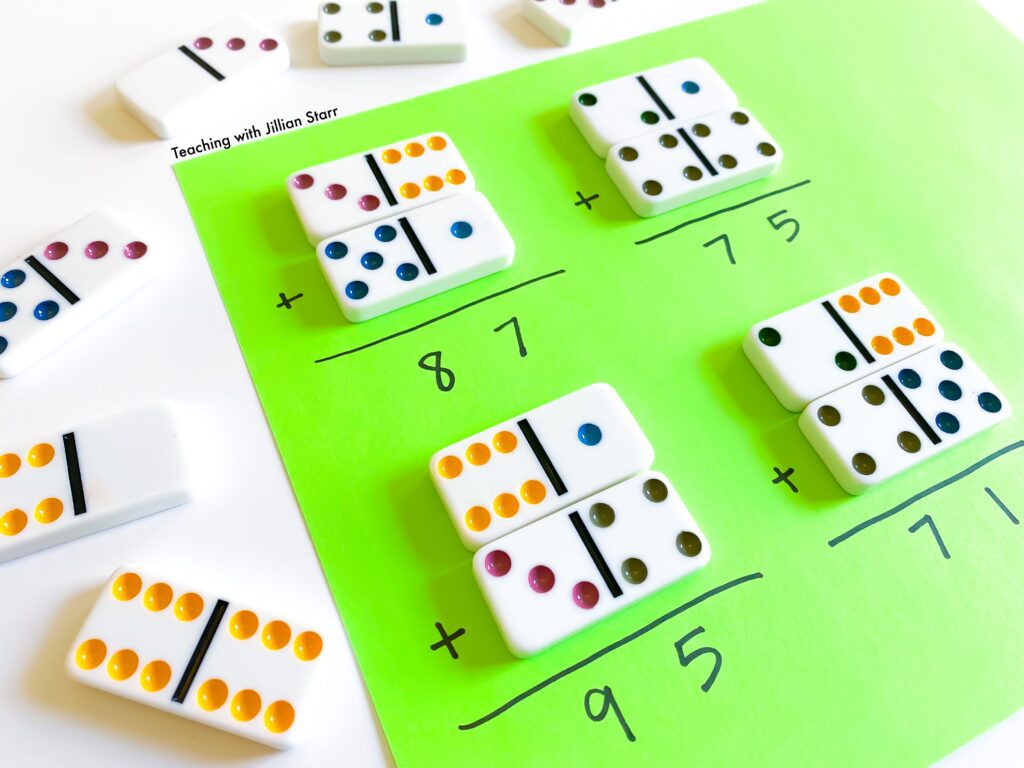 Double digit domino addition, where each domino is placed horizontally to create a two-digit number. Image shows multiple sets of two dominoes to create double-digit addition problems.