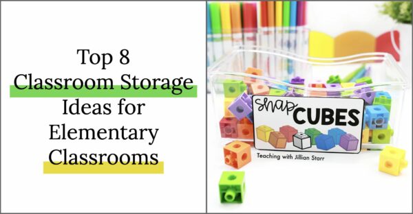 Classroom storage ideas for elementary classrooms including clear labels for all supply storage