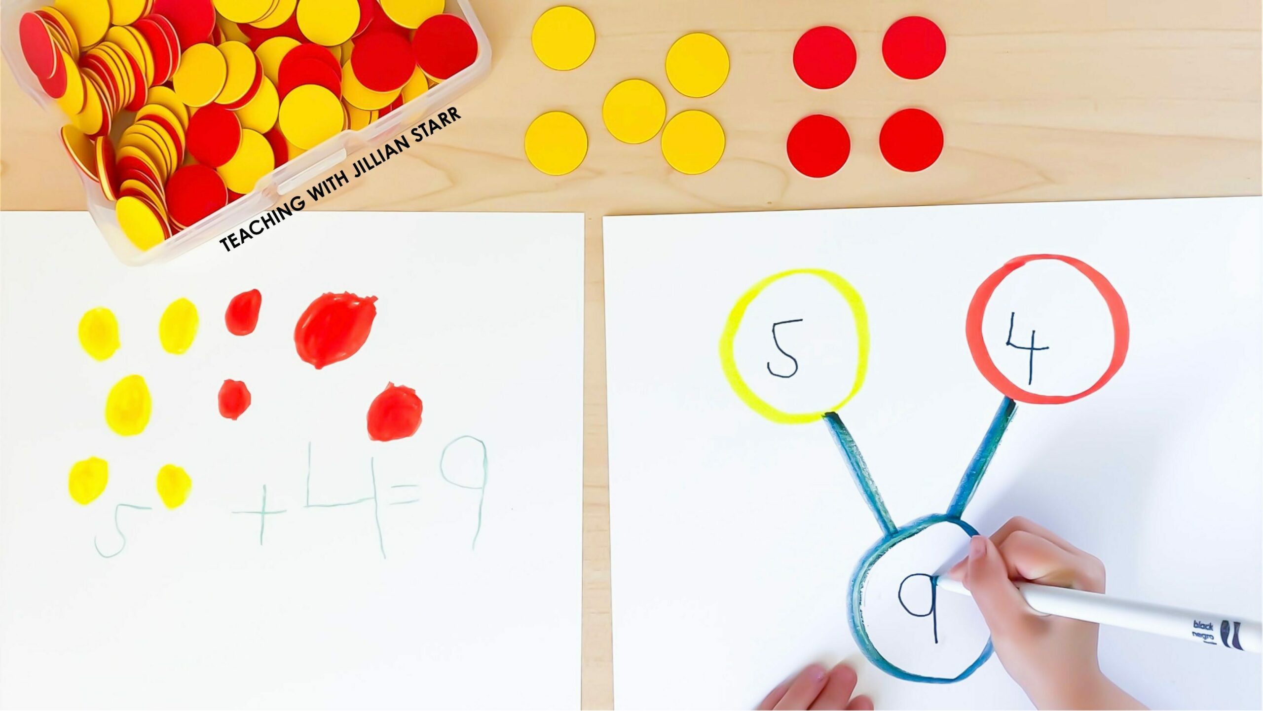 Two different representations showing 4+5=9. One visual representation is showing a sketch of two-sided counters, and the other shows a number bond.