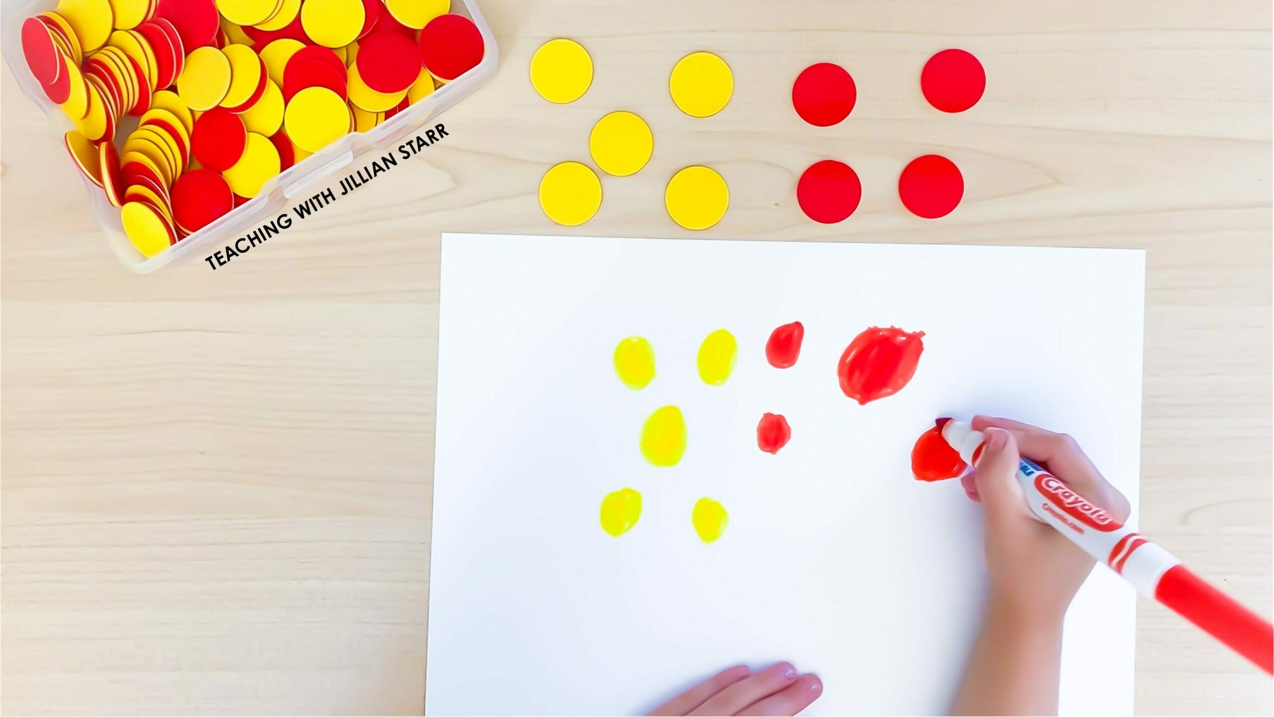 A visual representation of a concrete manipulative. This photo shows a sketch of 5 yellow counters and 4 red counters.