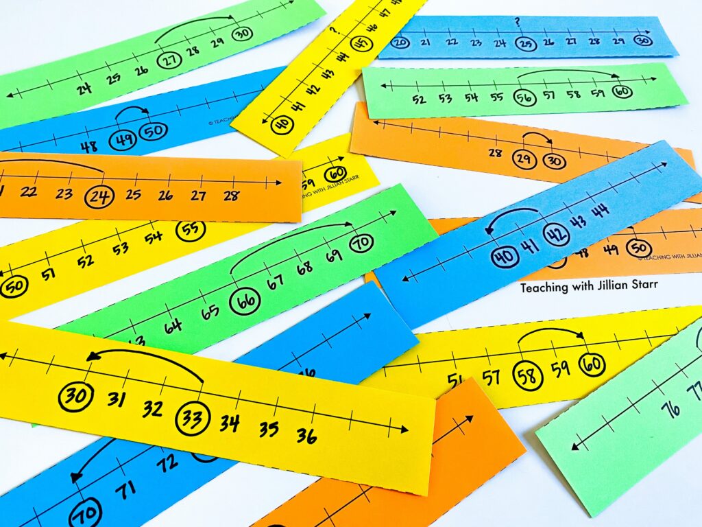 Number lines showing rounding to the nearest ten