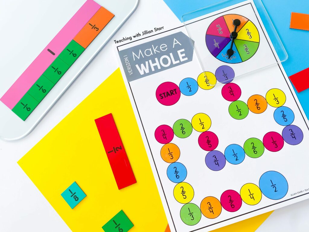 fraction activities - game boards to fractions through one whole