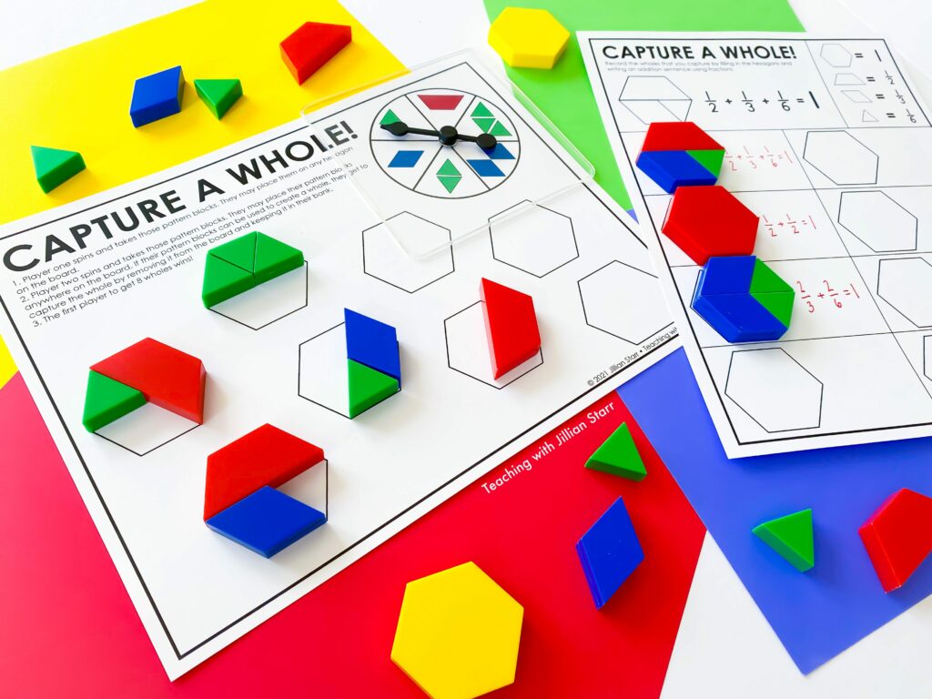 One of my favorite fraction manipulatives are pattern blocks. This game, capture a whole, is a favorite to play with them!