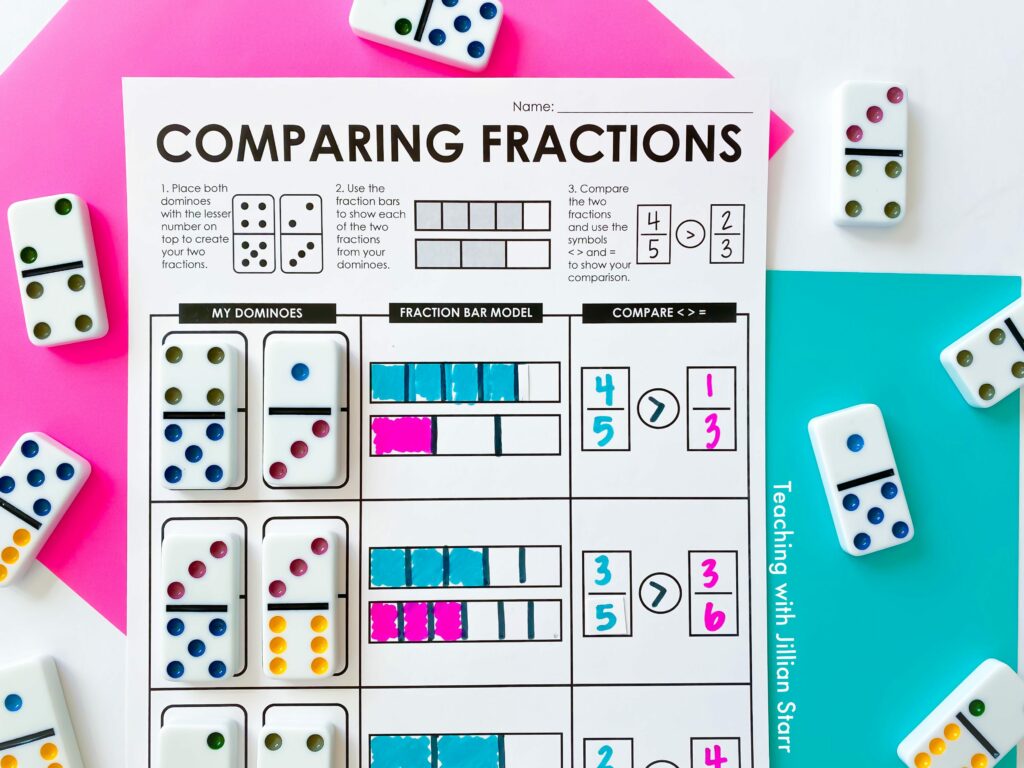 One of my favorite fraction manipulatives are dominoes. This game is a favorite to play with them!