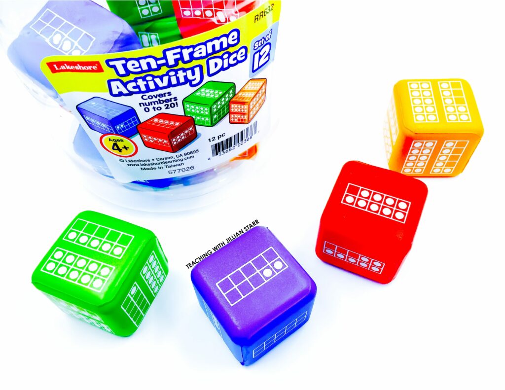 Using ten frames in the classroom: Use these large ten-frame dice (show both single and double ten frames)