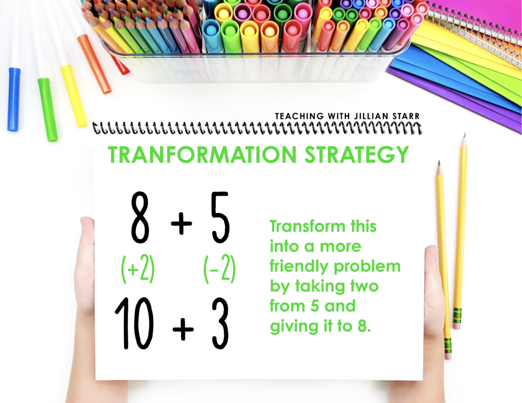 Examples of the transformation strategy of addition strategies in first grade with make a ten to add strategy