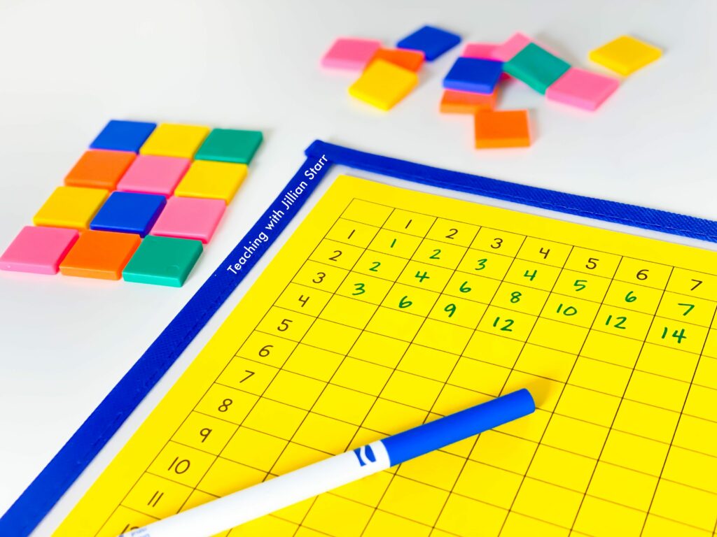 using a blank multiplication table to build conceptual understanding - shows an array built out of square tiles and a partially filled out multiplication table