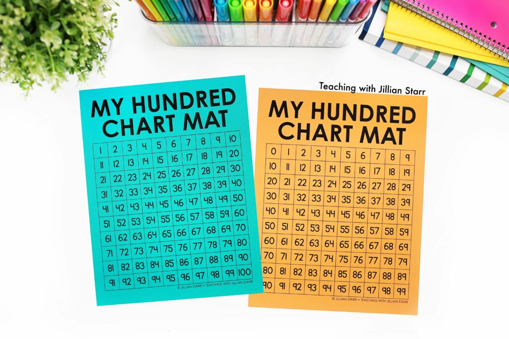 Adding and Subtracting with a hundred chart and using pre-filled hundred chart mats