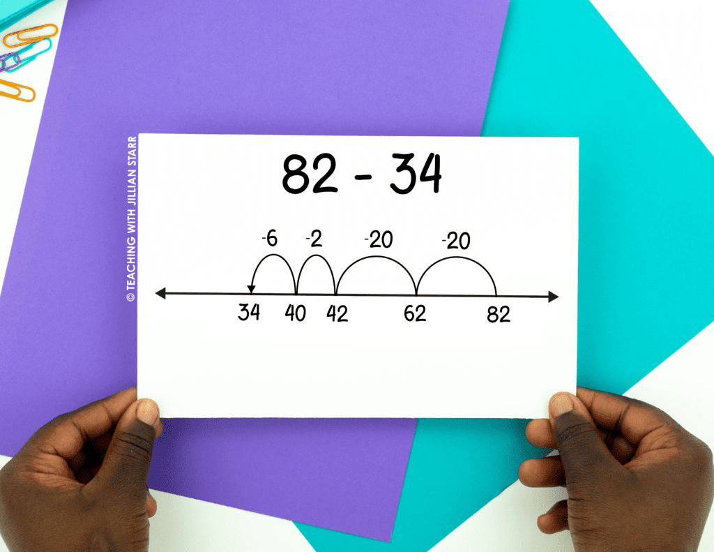 Open Number Lines for Addition and Subtraction - How to teach open number lines. Showing how to use an open number line to solve 82-34
