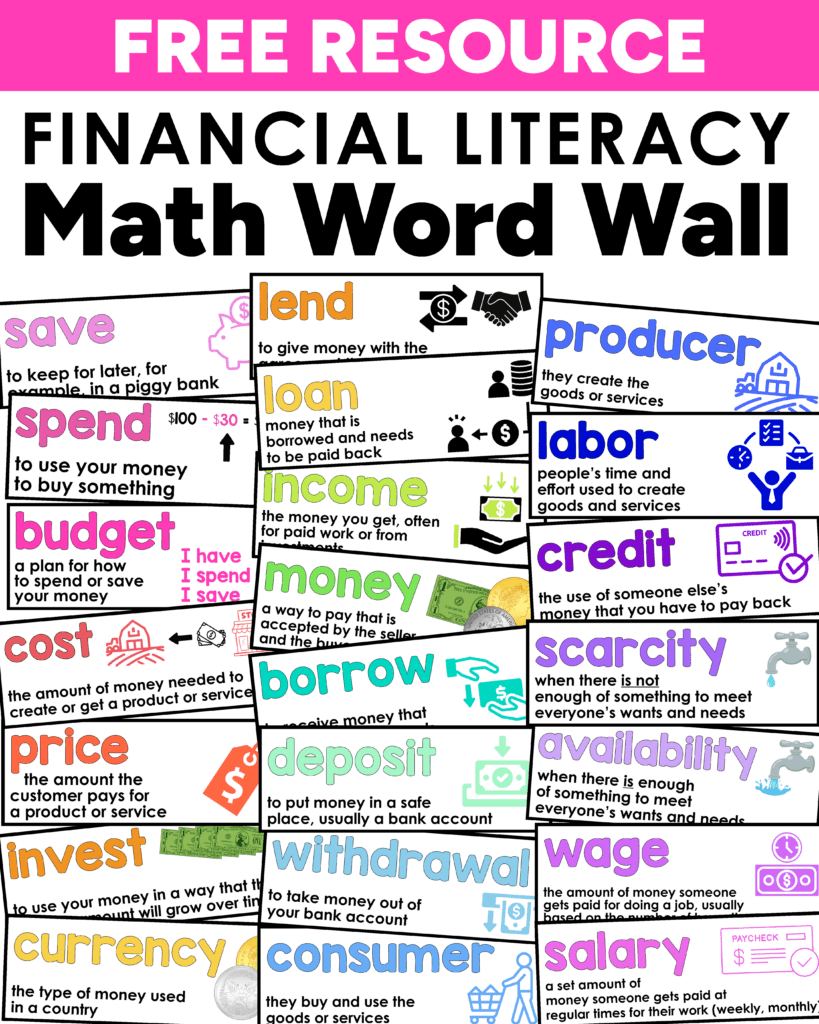 Free Financial Literacy vocabulary cards for your word wall in Grades K-3