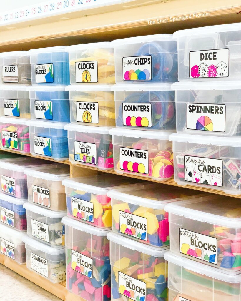 Guided math material shelf with labels