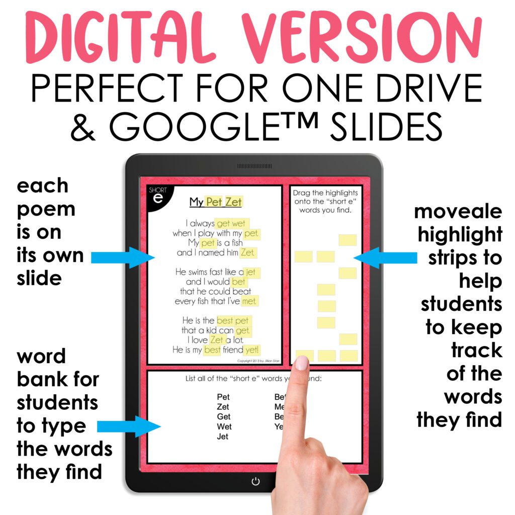 Digital Version of Phonics Poems for Google Slides and One Drive.